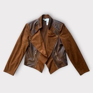 NWT Maakif Brown Faux Suede Crocodile Snake Print Open Front Moto Jacket